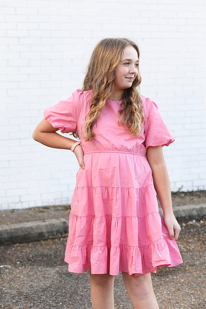 Chaney Bow Puff Sleeve Poplin Dress in Pink