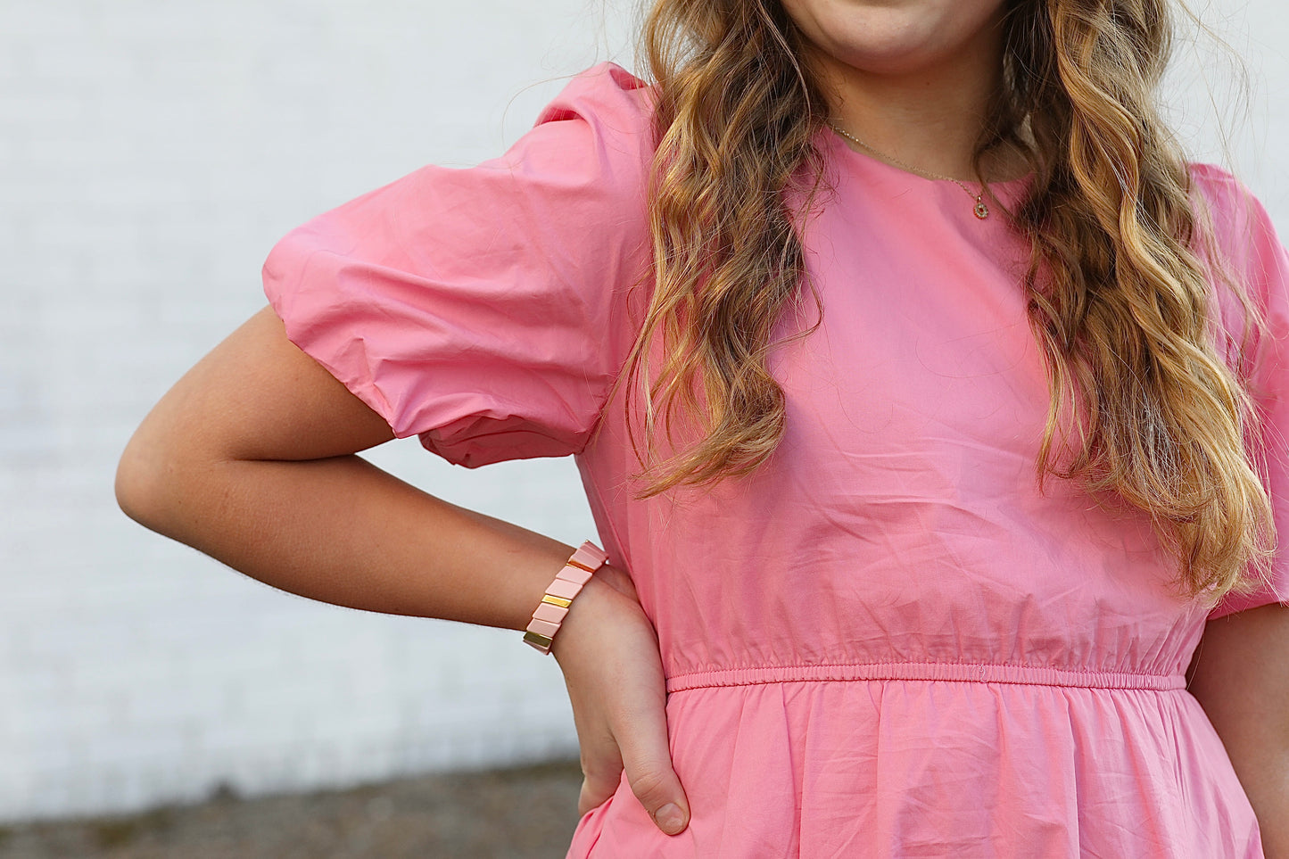 Chaney Bow Puff Sleeve Poplin Dress in Pink