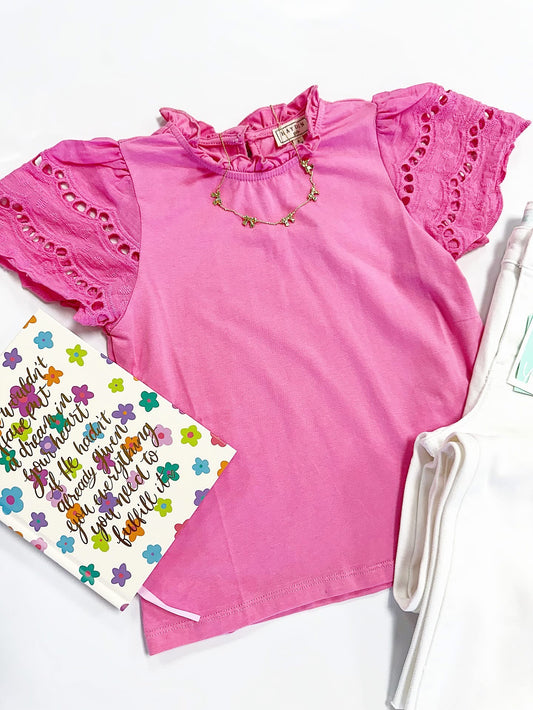 Sadie Eyelet Scallop Top in Pink