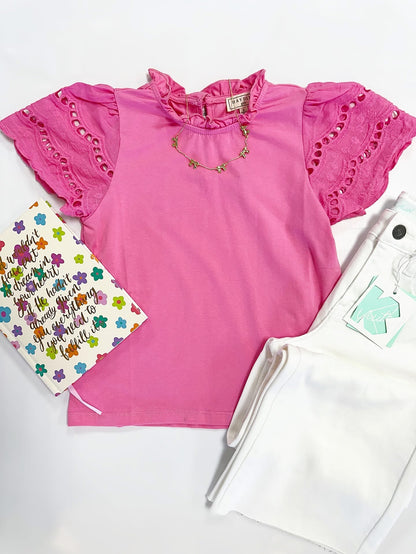 Sadie Eyelet Scallop Top in Pink