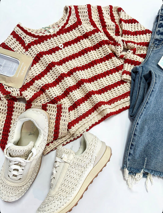 Ellie Crochet Sweater Top in Red Stripe