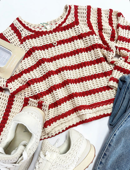 Ellie Crochet Sweater Top in Red Stripe
