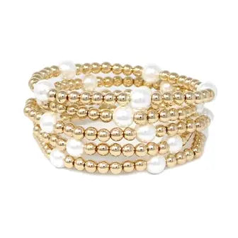 Set of 5 Gold Beaded and Pearl Stretch Bracelets
