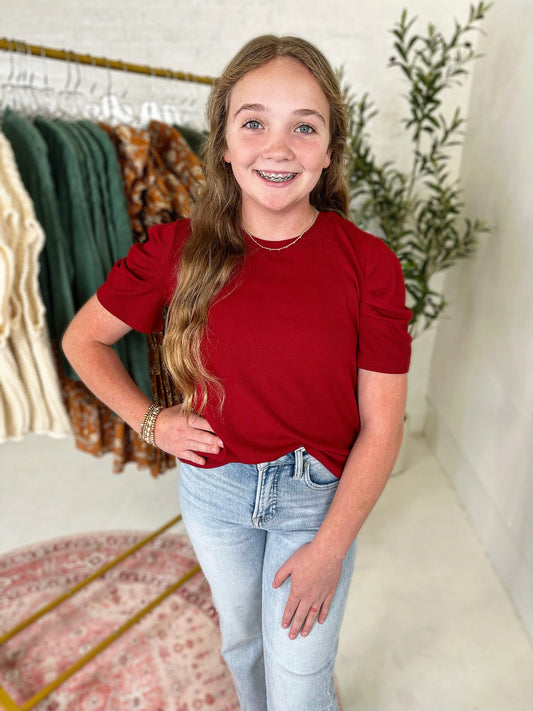 Ava Puff Sleeve Top in Red