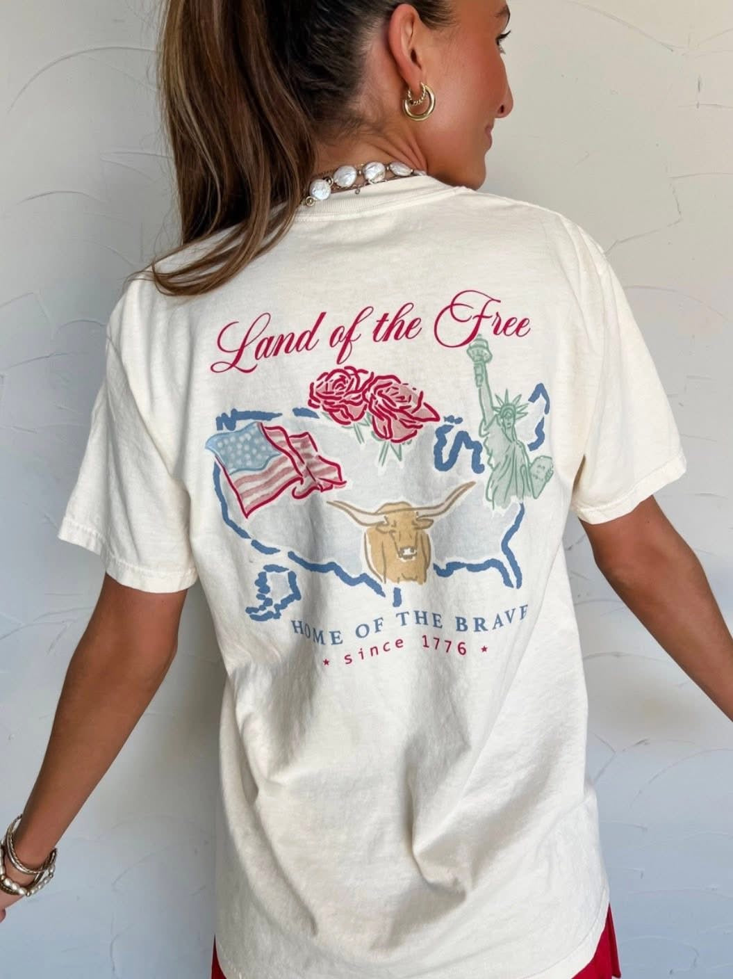 Land of the Free Watercolor Graphic Tee in Off White