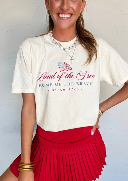 Land of the Free Watercolor Graphic Tee in Off White
