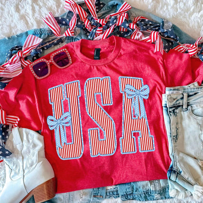 USA Stripes Graphic Tee in Heather Red