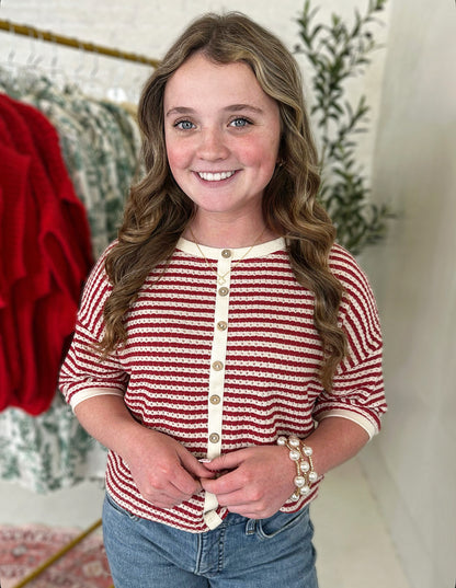 Aubrey Stripe Cardigan in Red