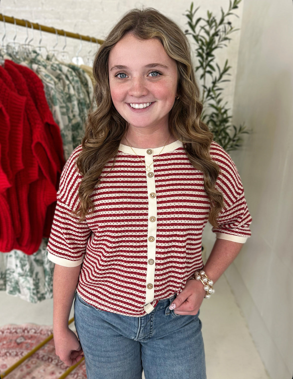 Aubrey Stripe Cardigan in Red