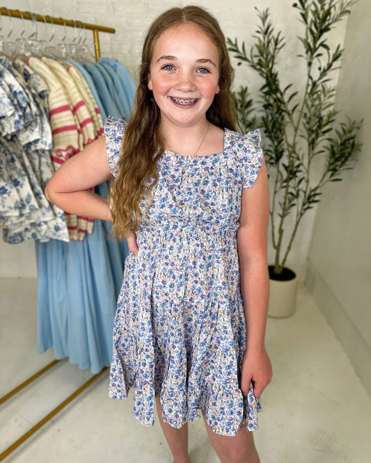 Floral Print Square Neck Dress in Blue