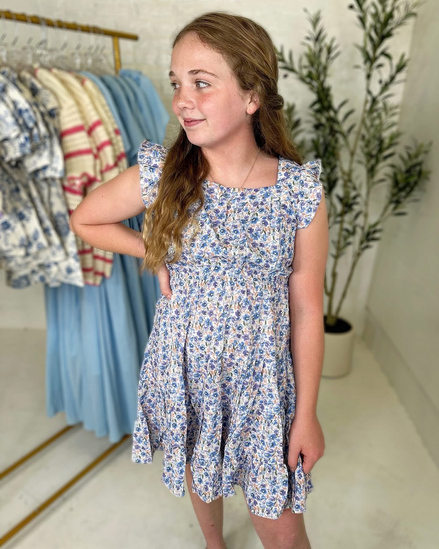 Floral Print Square Neck Dress in Blue