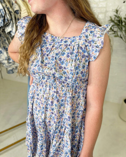 Floral Print Square Neck Dress in Blue