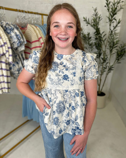 Antique Floral Top in Blue