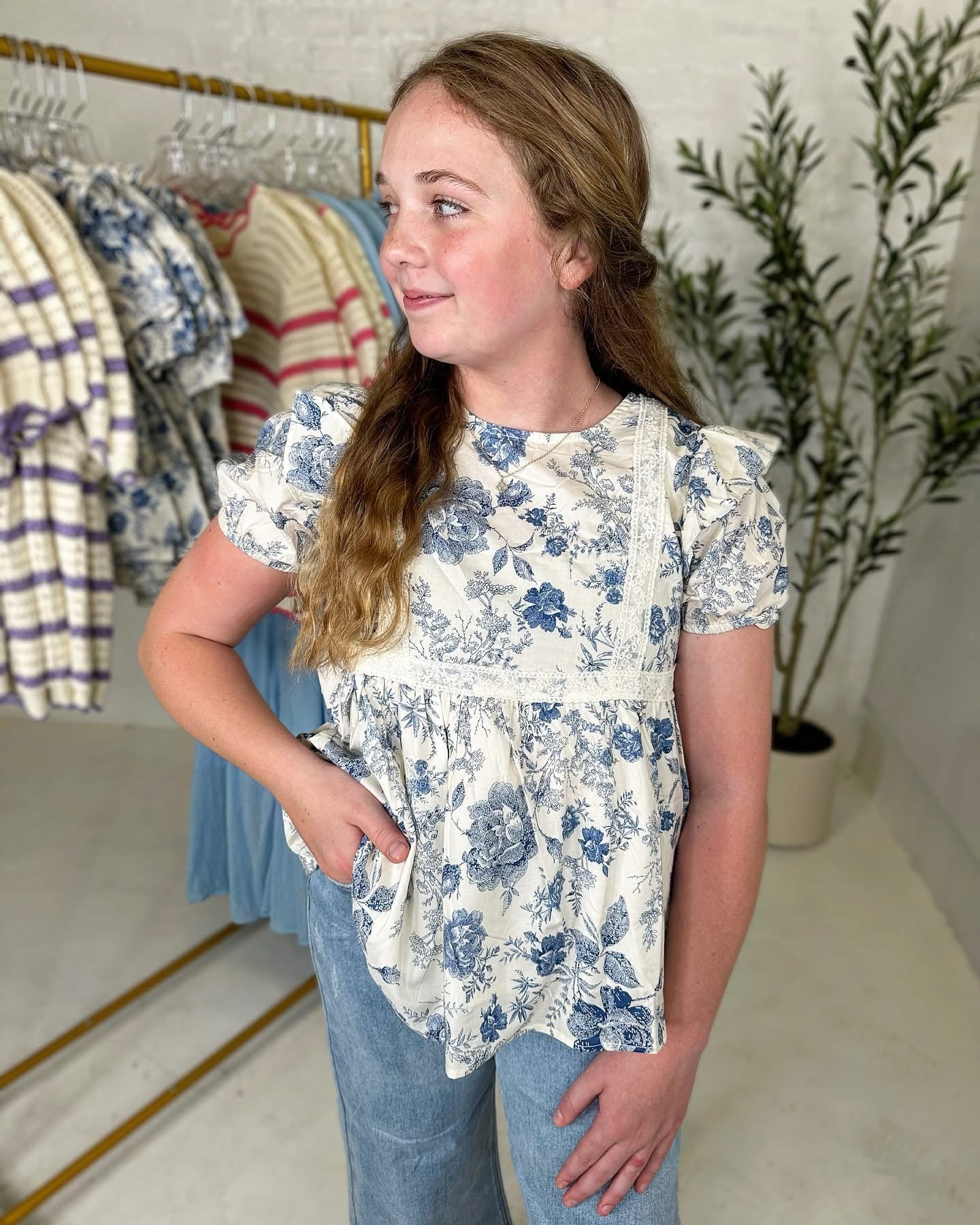 Antique Floral Top in Blue