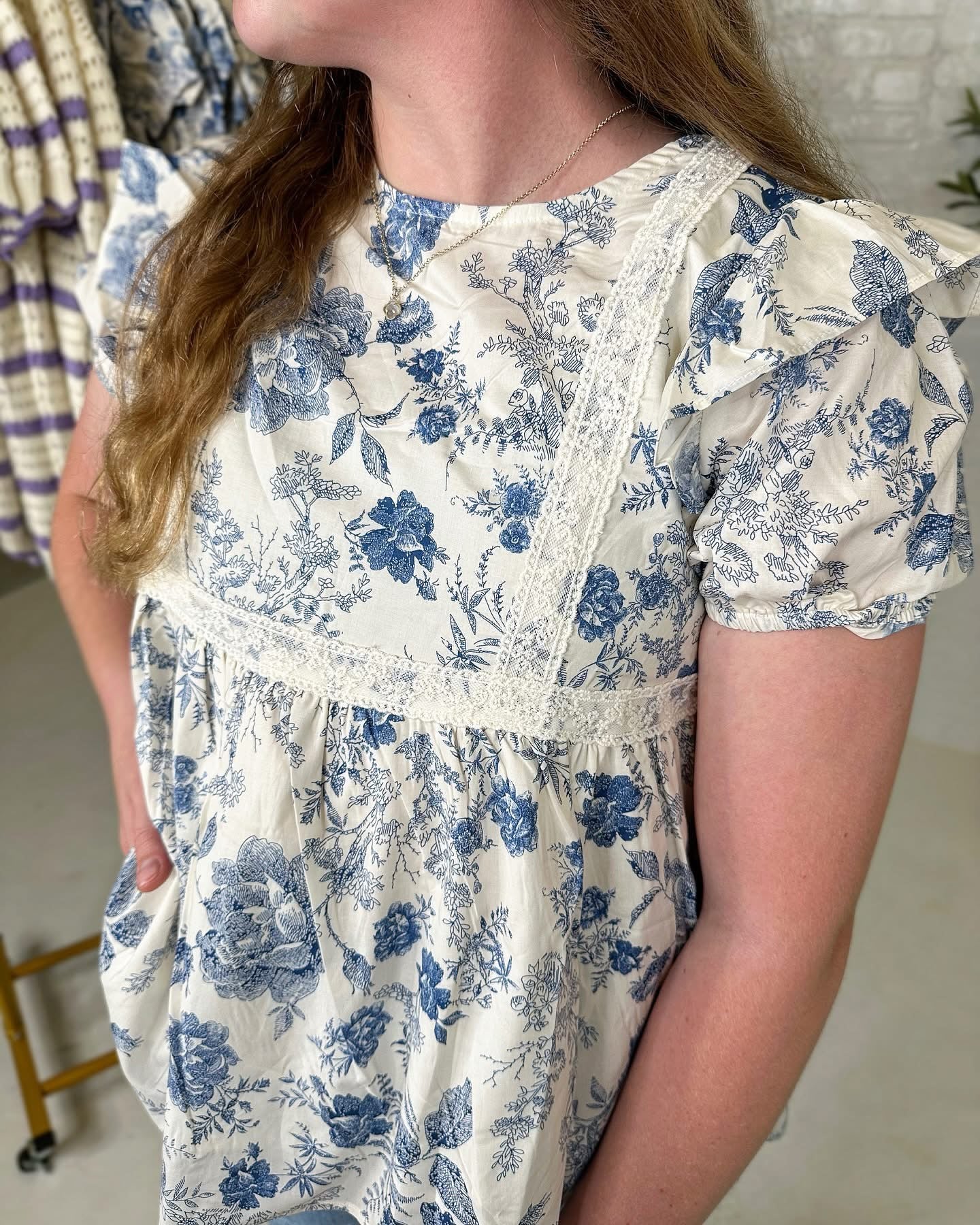 Antique Floral Top in Blue