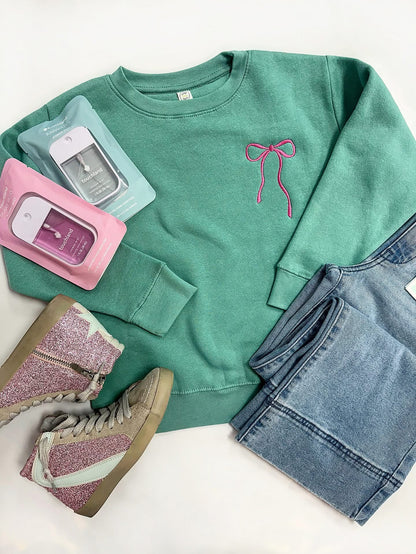 Embroidery Bow Sweatshirt in Seafoam